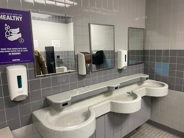 Restroom sinks with AutoFoam dispensers installed