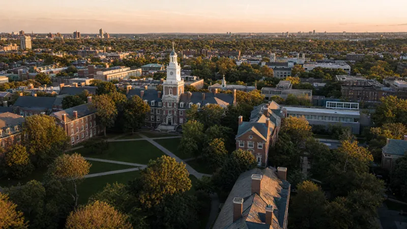 Aerial view of a New York university campus at golden hour