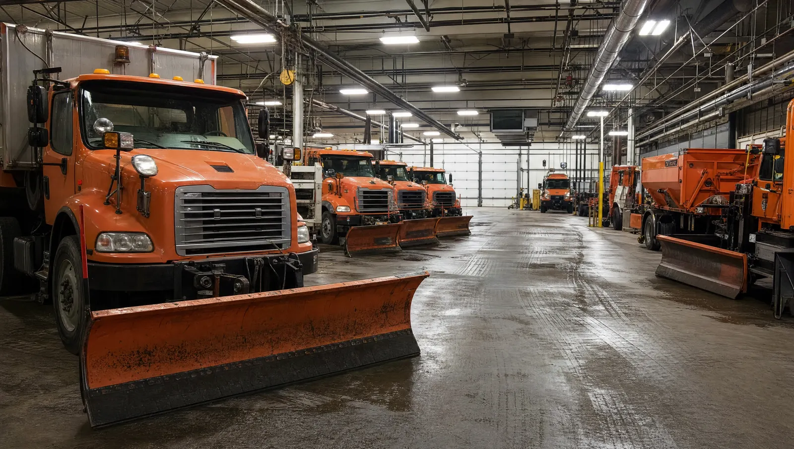 Municipal fleet garage with plow trucks staged for winter