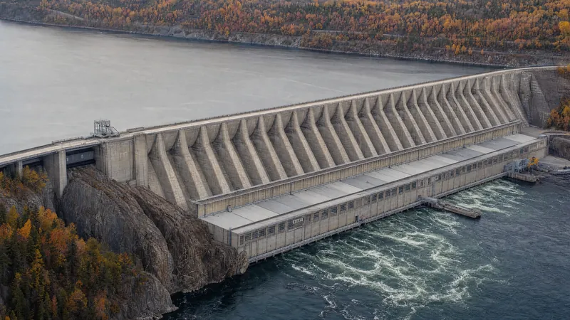 Hydroelectric dam and powerhouse on a river