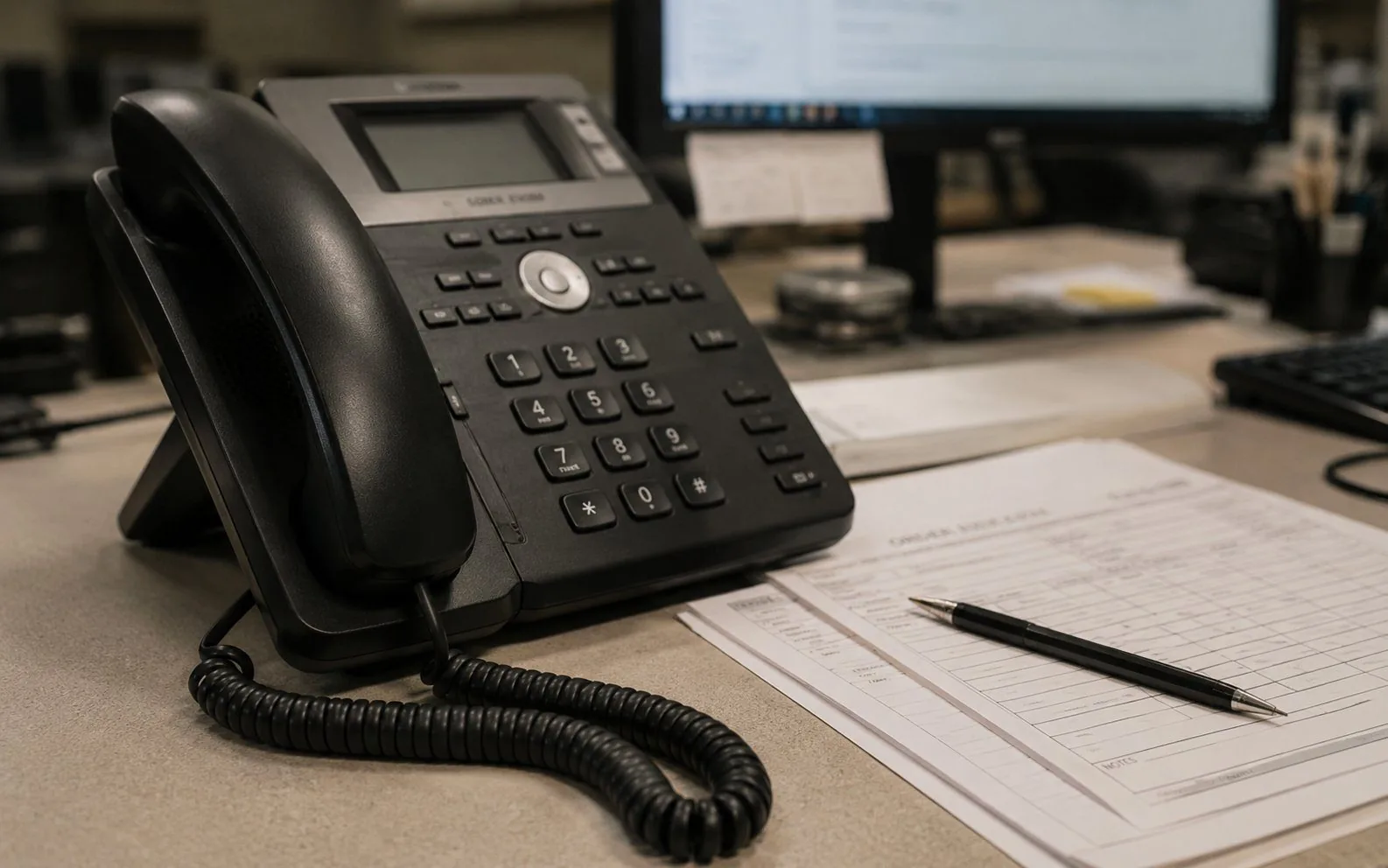 Desk phone and order forms at the supply desk